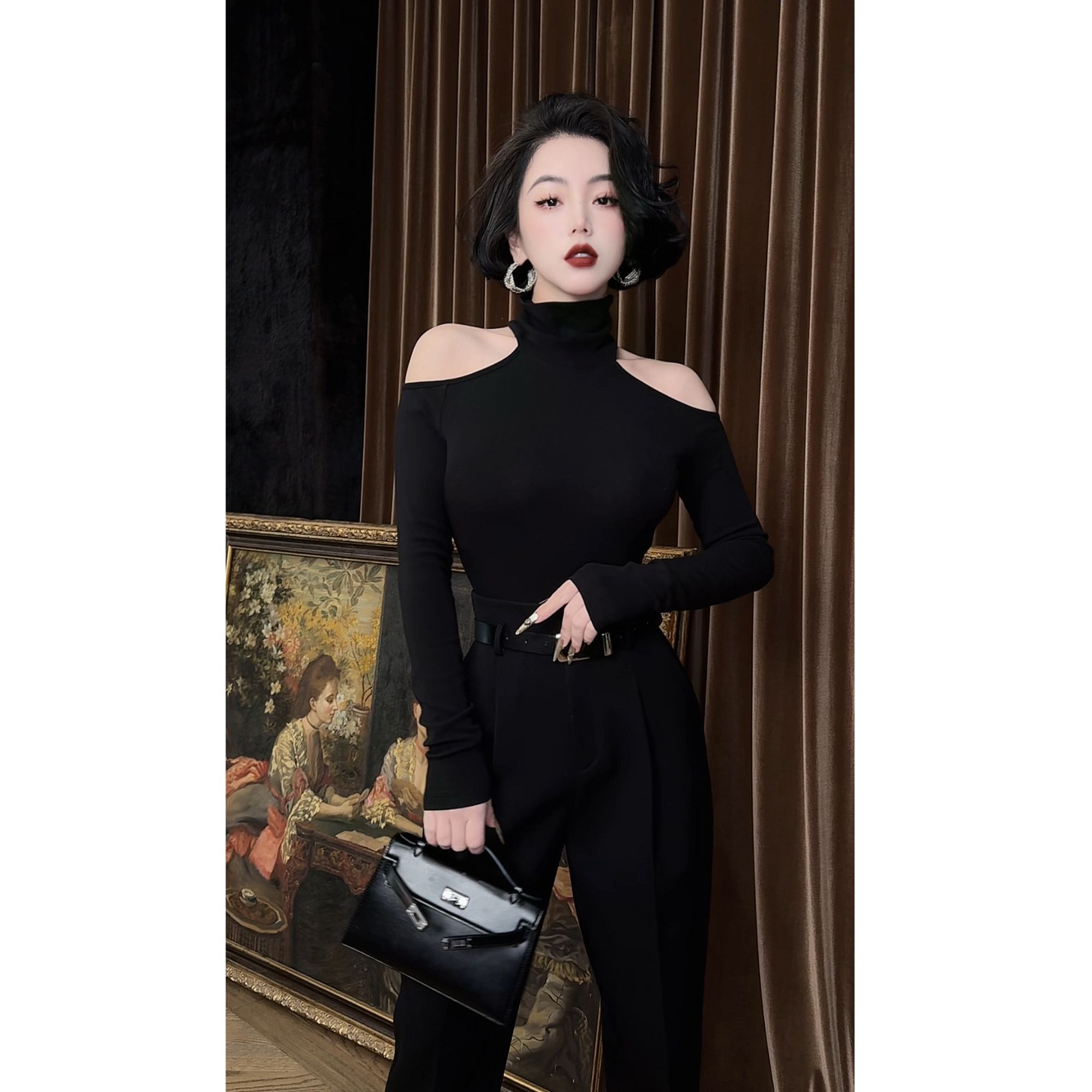 LYXJ【卢森堡夜色】性感小众设计漏空肩上衣半高领女士设计师12739