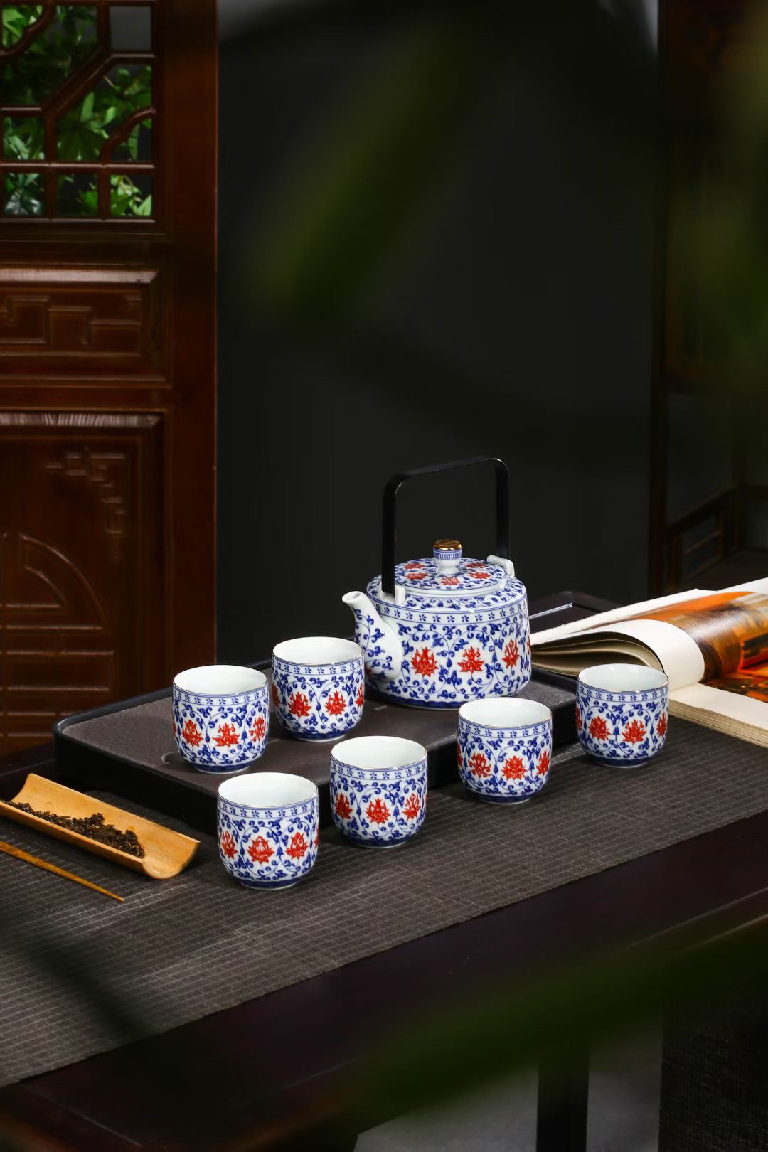 景德镇七丞堂釉里红缠枝莲提梁壶高温茶具七件套