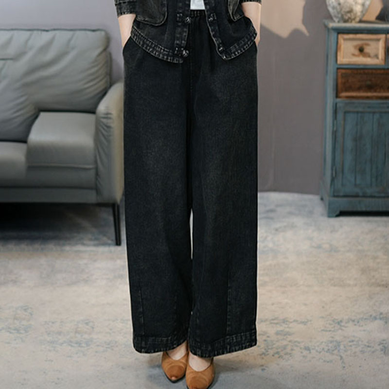 8939女士牛仔裤阔腿裤文艺复古加厚高腰松紧腰遮胯显瘦直筒裤