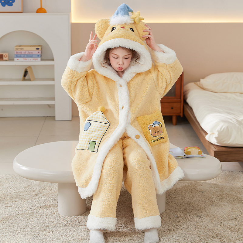 bejirog/北极绒简约洋气珊瑚绒睡袍女童冬季保暖加厚家居服连帽