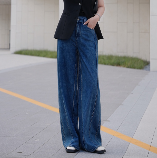 H103315692華家曼2025秋季新款设计感复古蓝高腰牛仔阔腿裤