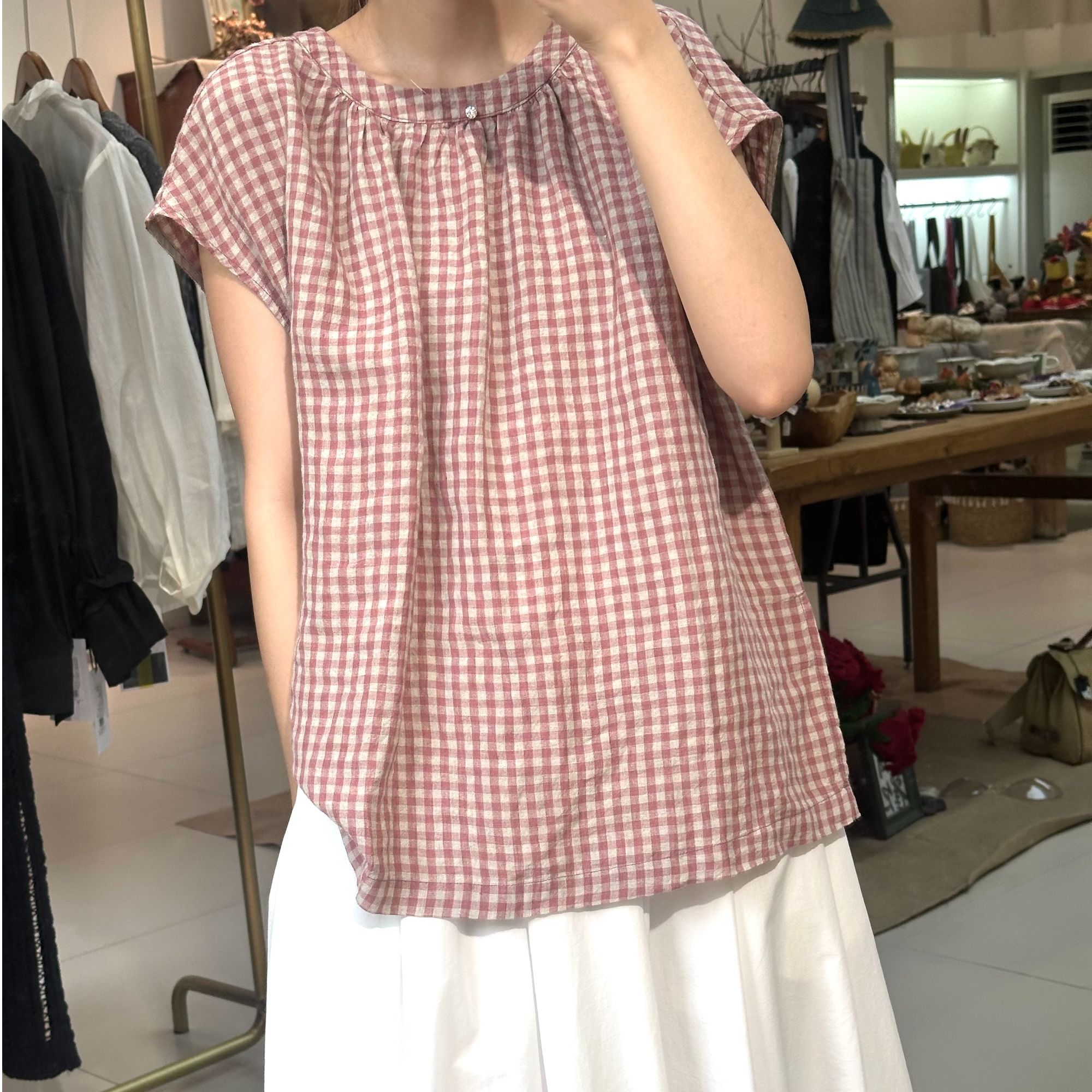 【纯原日系】chalan 夏季新款亚麻复古粉格子无袖小衬衫H25X0131