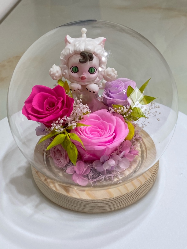 永生花玫瑰玻璃罩盲盒公仔系列成品独角兽小鹿小天使摆件