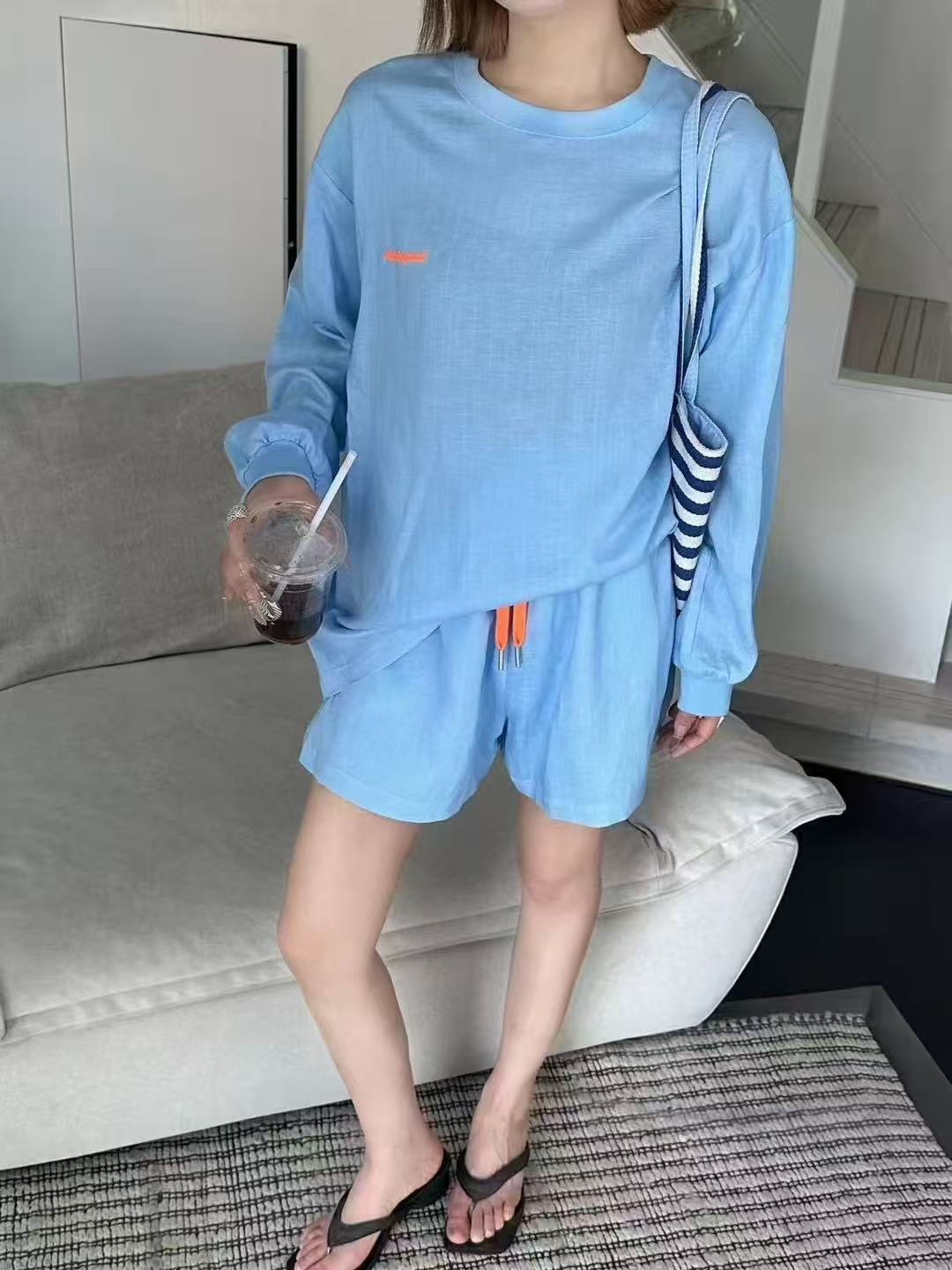 6158【蝶谷】圆领长袖T恤上衣+松紧腰休闲短裤两件套套装