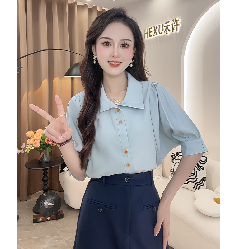 港风复古设计感POLO领纯色衬衫女夏五分袖短上衣