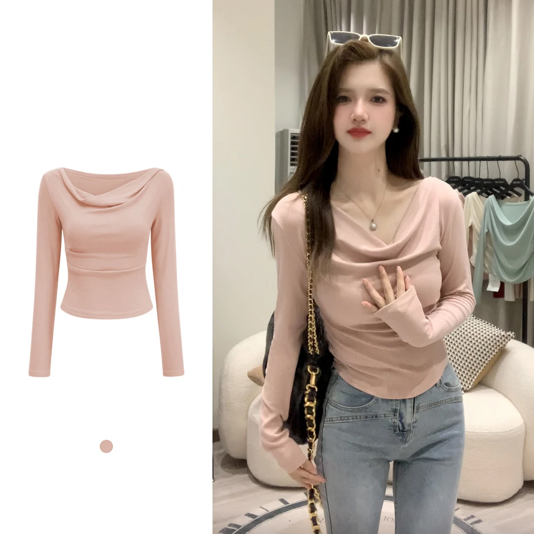 2025夏季新款微胖MM大码荡领打底衫女初春收腰独特别致长袖上衣女