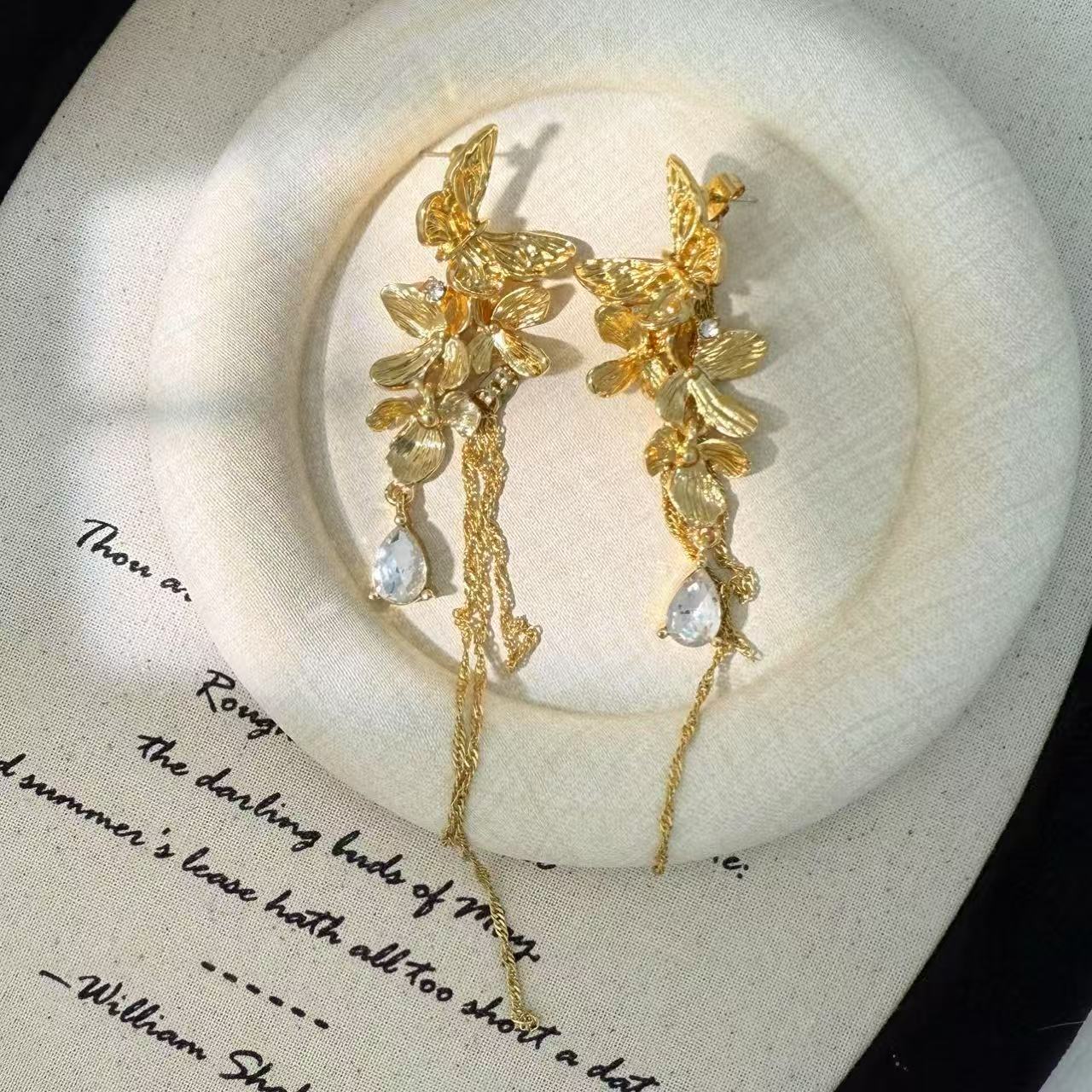 合金合成锆石耳饰 远远(YY105) 复古轻奢蝴蝶耳钉流苏耳饰手工