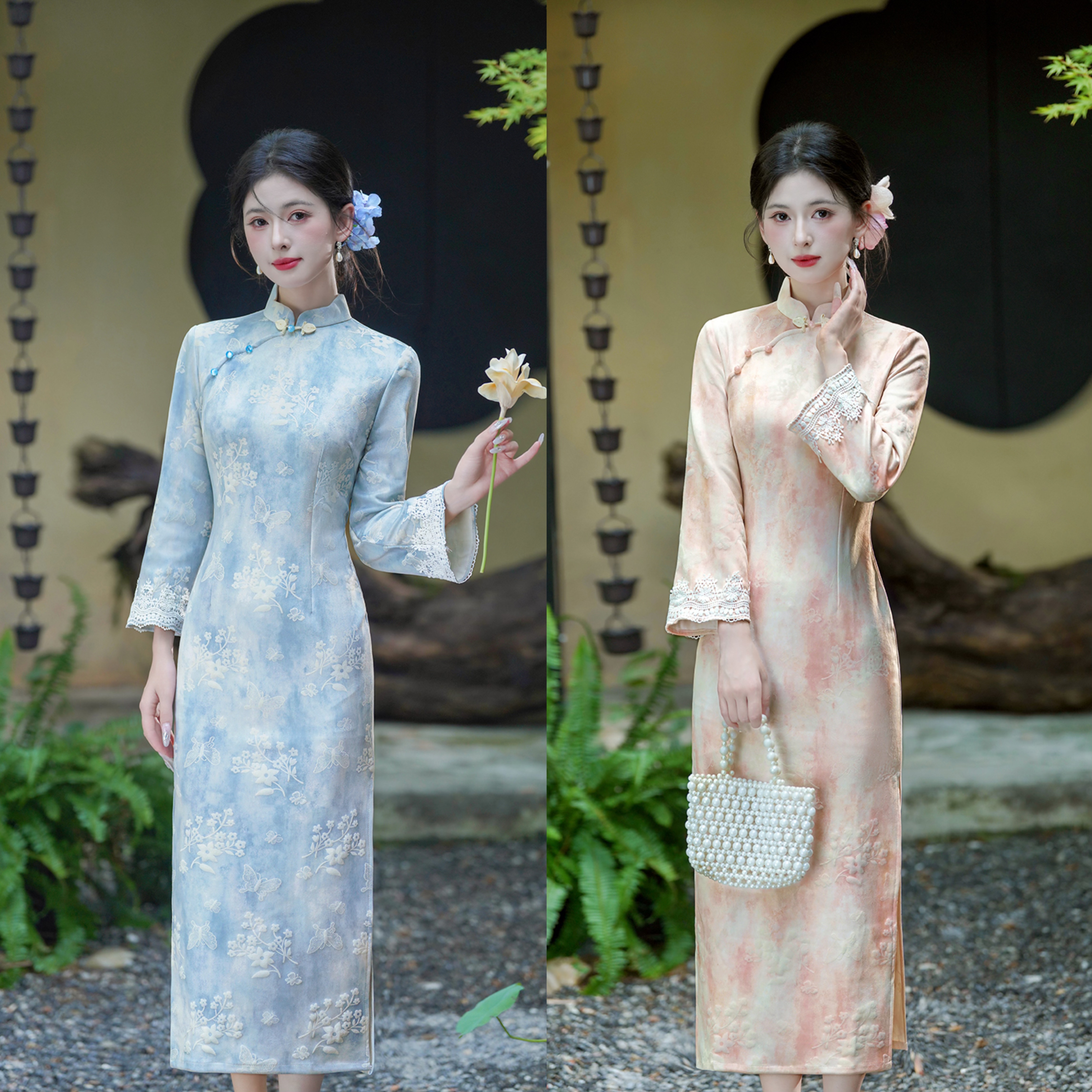 秋季新款长袖中袖薄款提花立领长款旗袍秋季气质少女复古修身显瘦