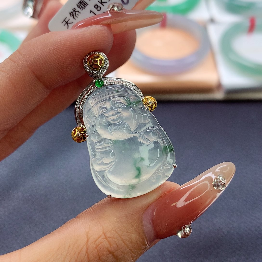 翡翠吊坠(不含链)18K金镶嵌冰飘花 大财爷