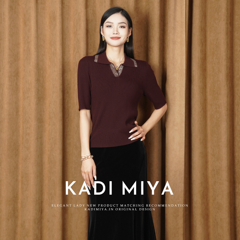 KADIMIYA【亨利衫】高奢绵羊毛Polo领法式优雅烫钻针织衫上衣女