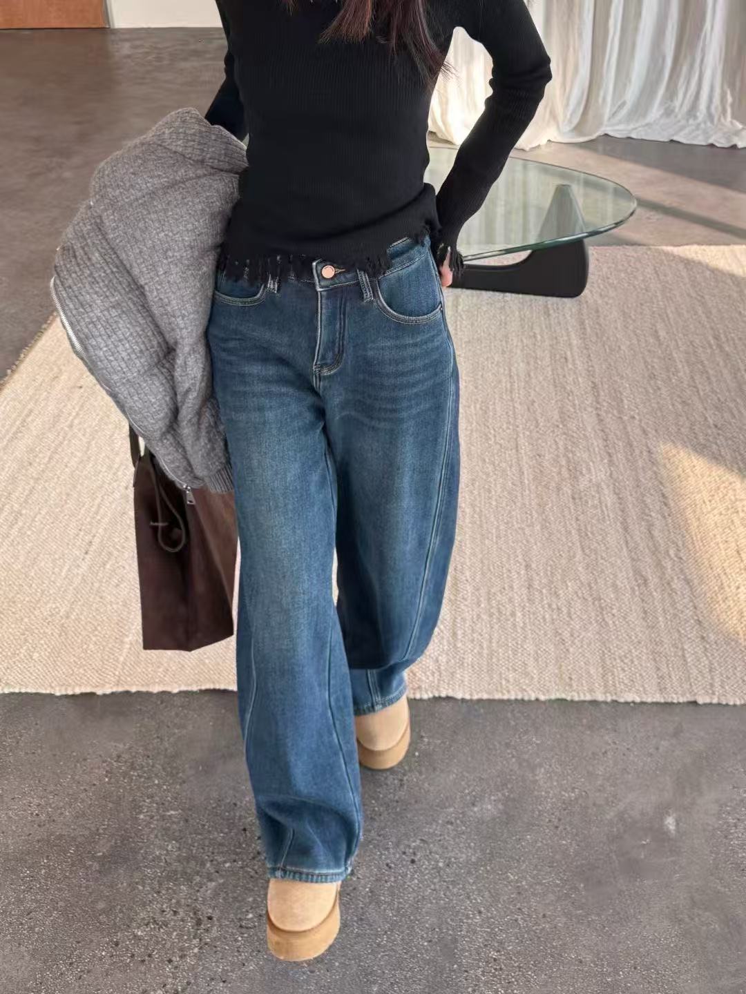 秋冬加绒加厚立裁香蕉牛仔裤8080