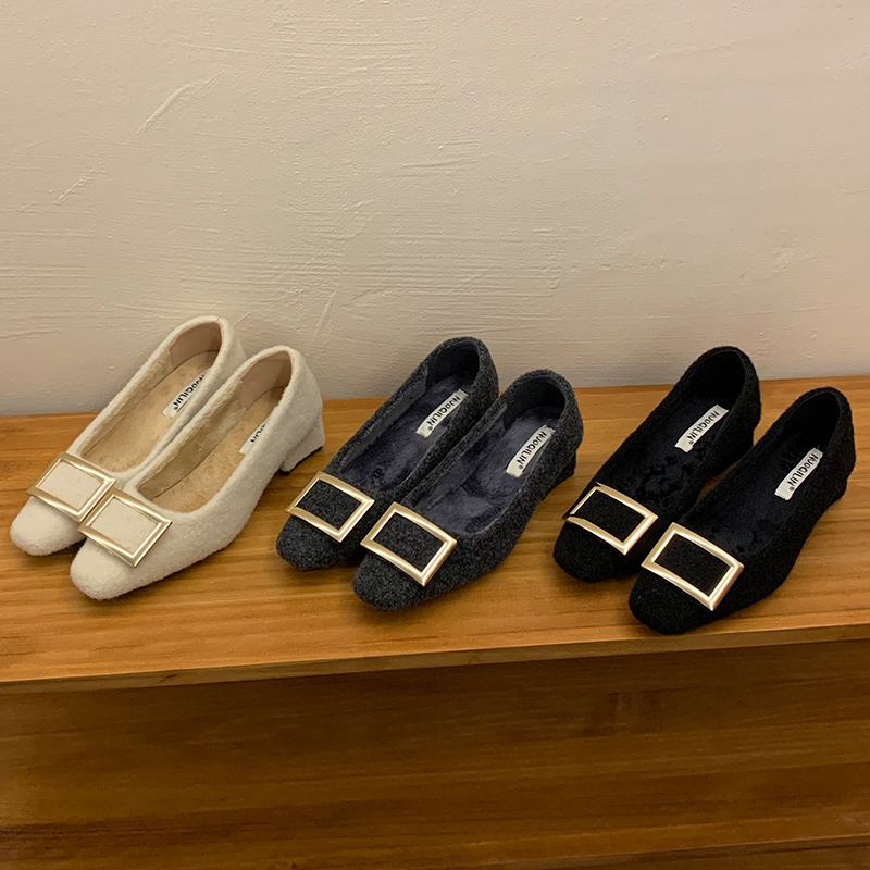 加绒保暖毛毛鞋棉鞋粗跟冬季工作鞋方扣通勤女鞋职业浅口单鞋
