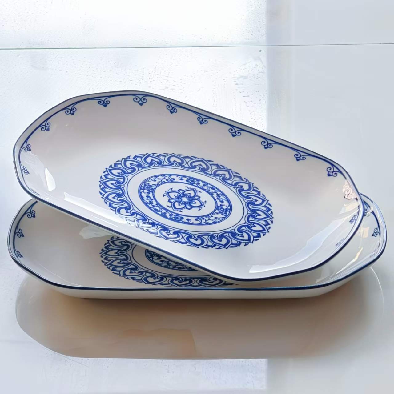 【1只装】12英寸青花华禧鱼盘大号陶瓷盘方盘餐具长方形家用蒸鱼