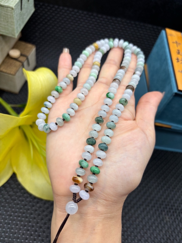 精美天然缅甸A货翡翠老坑冰种三彩算盘珠7mm黄翡绿玉石挂牌绳项链