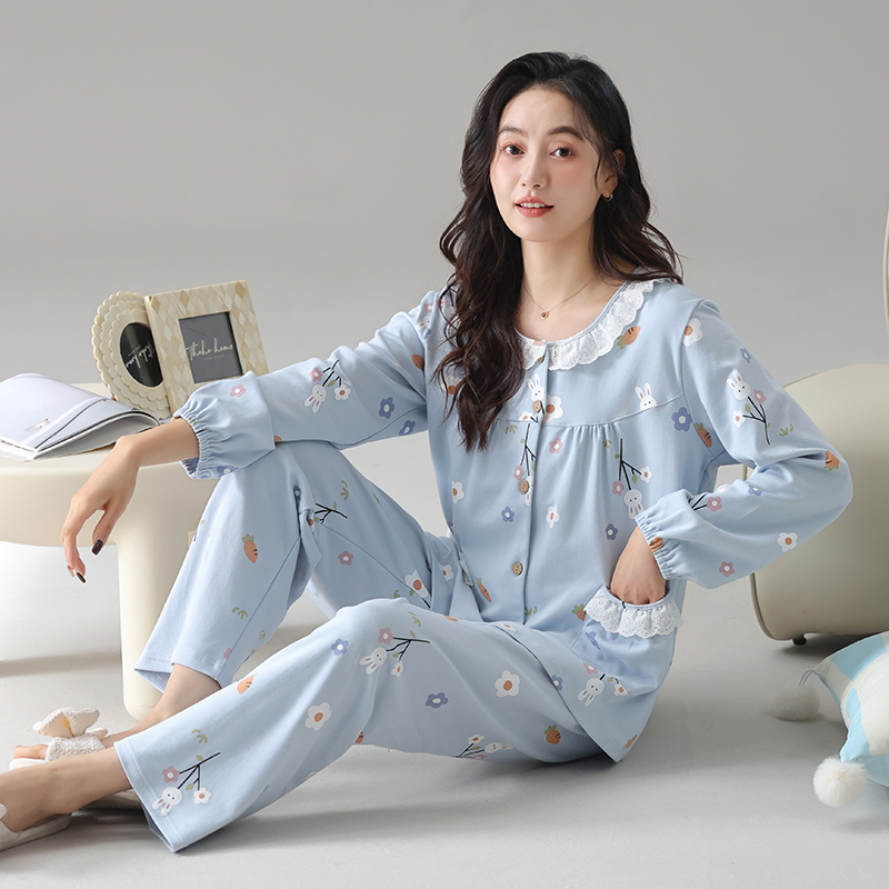 2025年新款睡衣女春秋款纯棉长袖家居服秋冬薄款圆领可爱套装