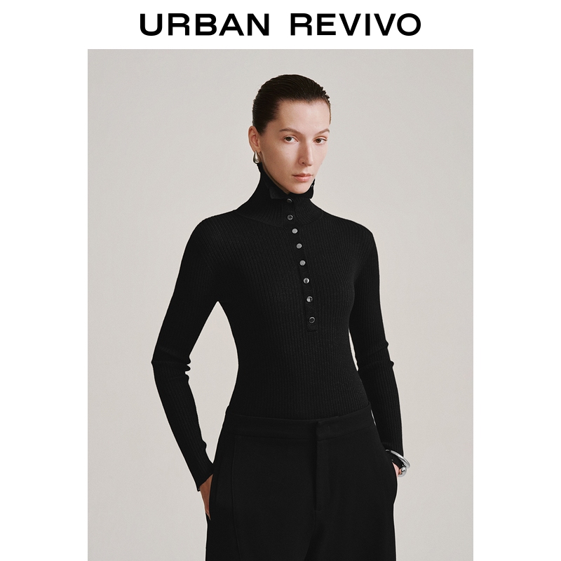 UR2026春季新款女装气质肌理感立领亮丝花边针织衫UWM950133