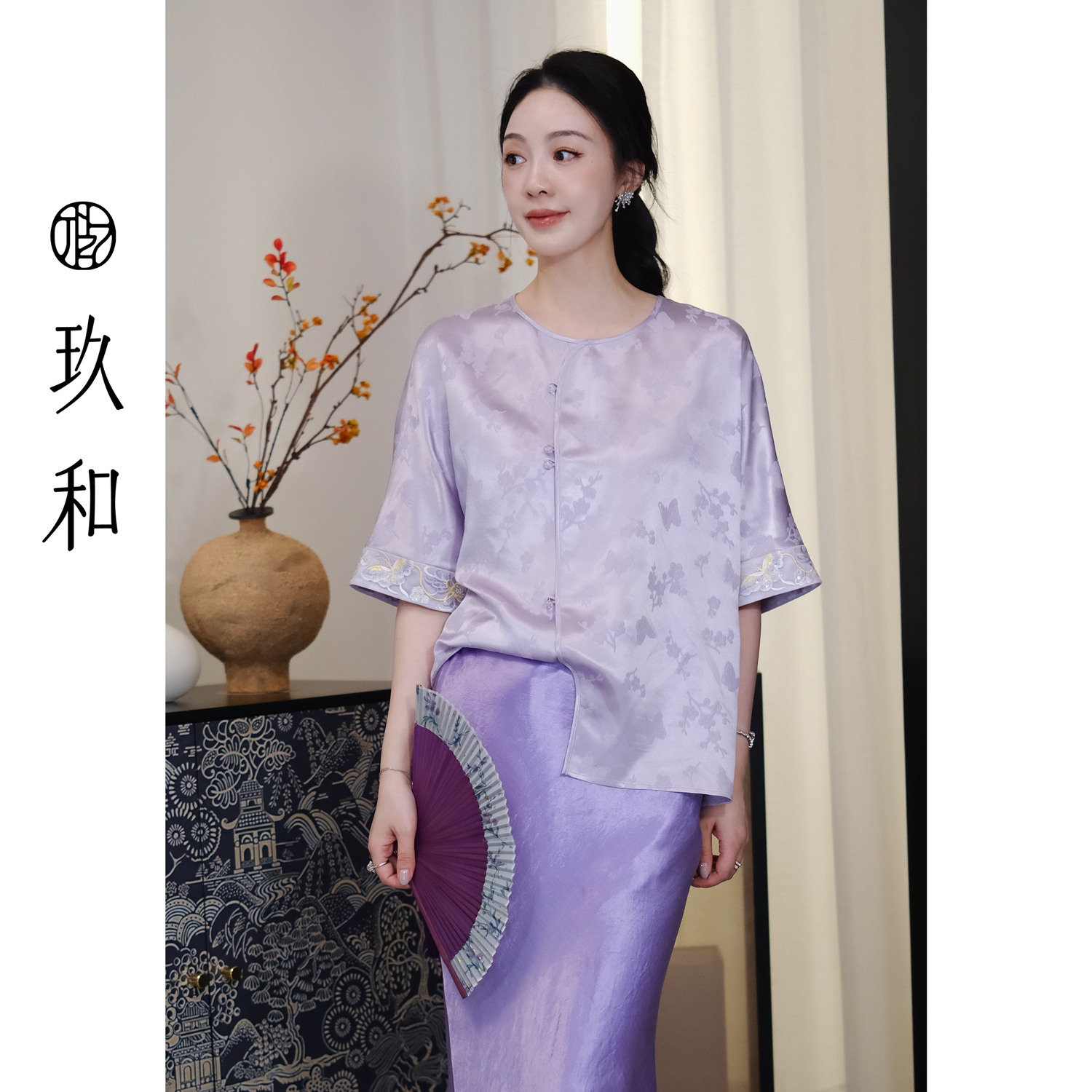 【玖和·紫蝶】轻中式时尚休闲日常百搭亲肤圆领半袖上衣JHA2SY434