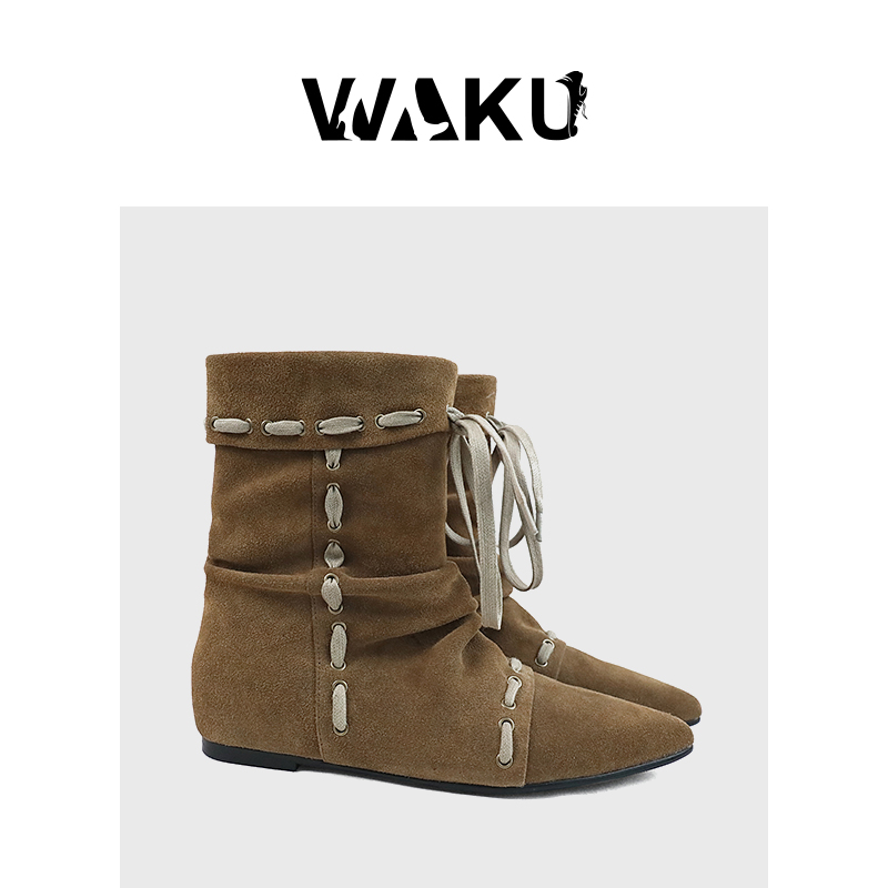 地中海松弛理念牛皮绑带琥珀流光堆堆靴尖头堆叠西部牛仔靴