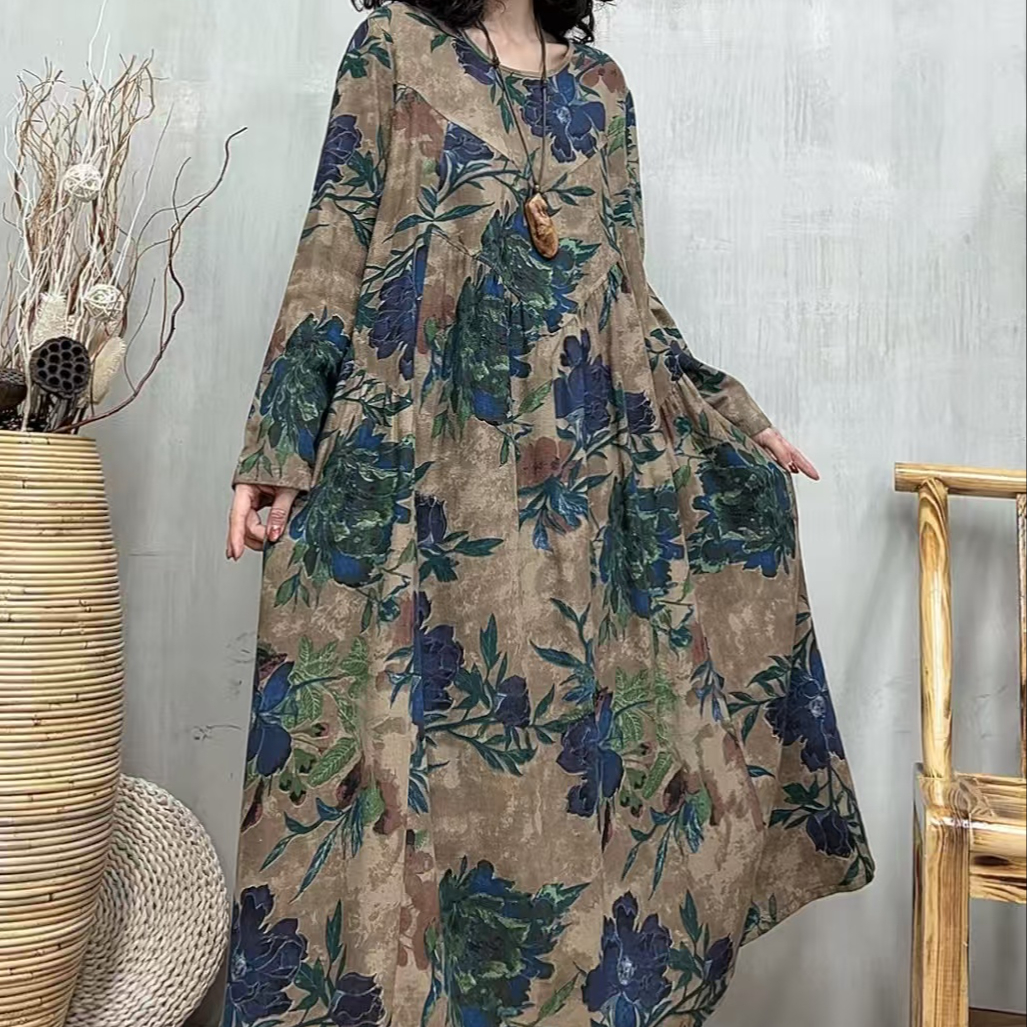 12182新款春秋民族风优雅减龄宽松大气碎花连衣裙QZ