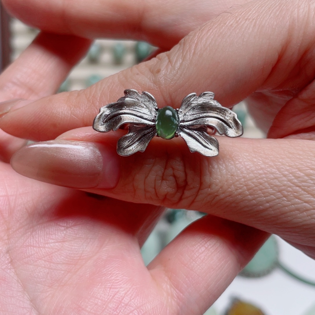 透闪石-蛇纹石玉银S925镶嵌戒指