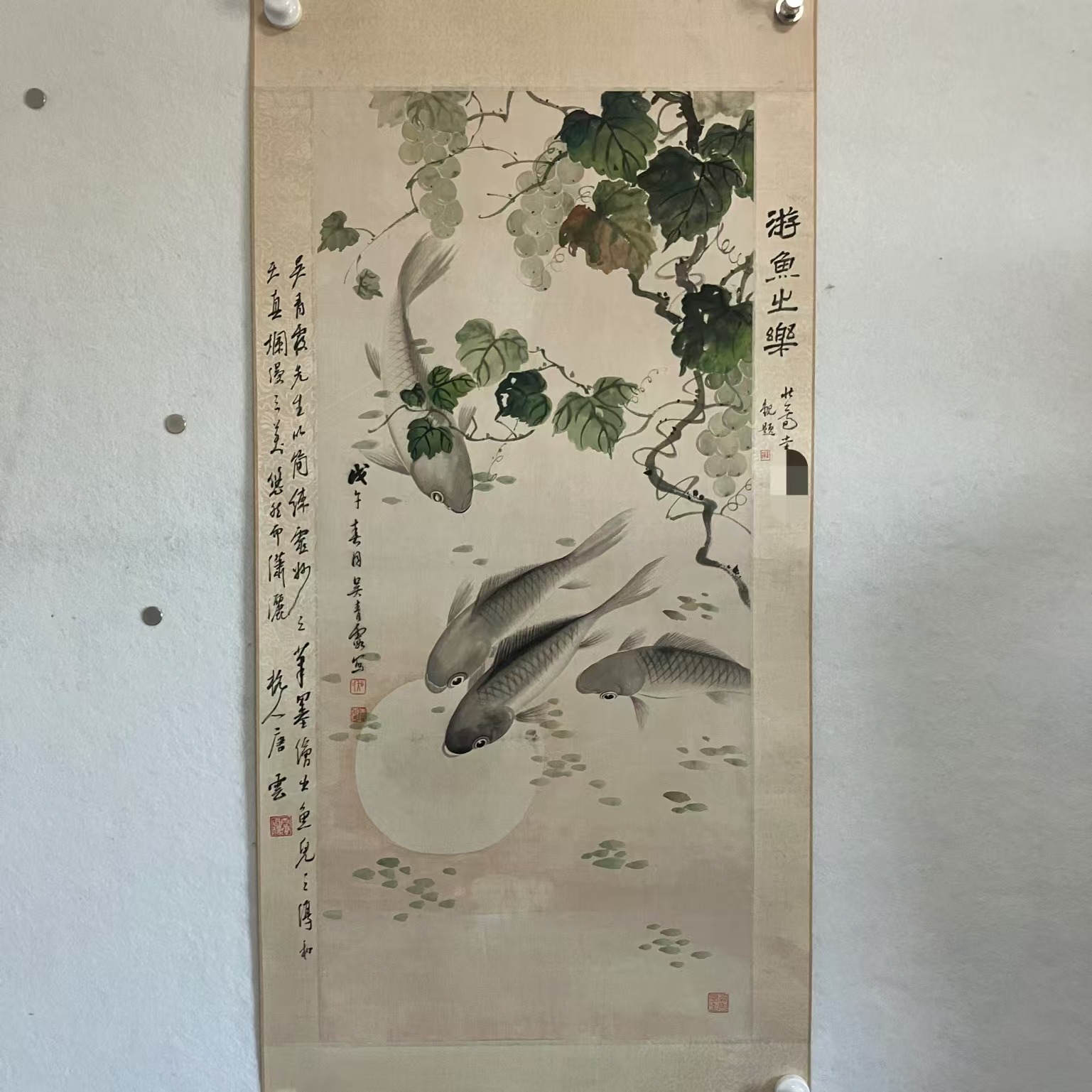 ZX028 游鱼之乐  纸本设色镜片 89×40cm