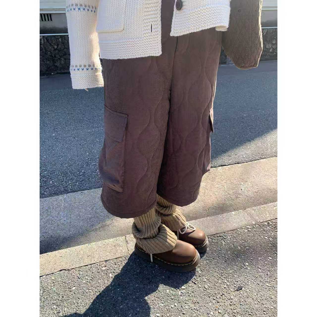 霍里德地图 “雾棕浪”复古大口袋葫芦绗缝夹棉半松紧七分工装裤