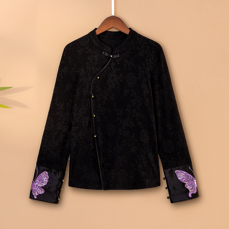 【蝶舞】2025新款春季国风打底上衣女新中式立领钉珠提花长袖T恤衫