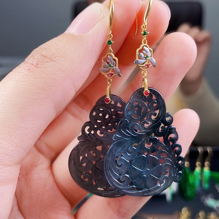 翡翠耳饰银S925镶嵌饰品