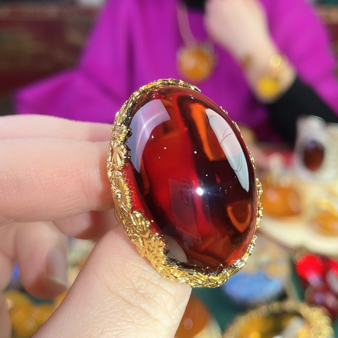 血珀戒指银S925镀金镶嵌