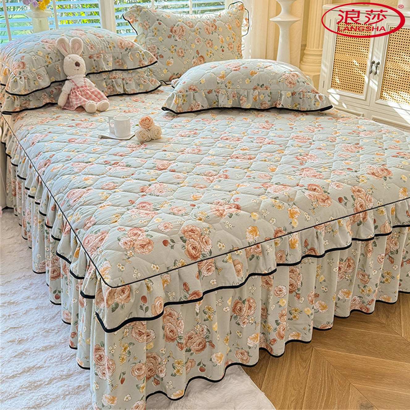 浪莎夹棉床裙单件皱皱纱加厚床单花边水洗棉防滑四季通用四件套商品图