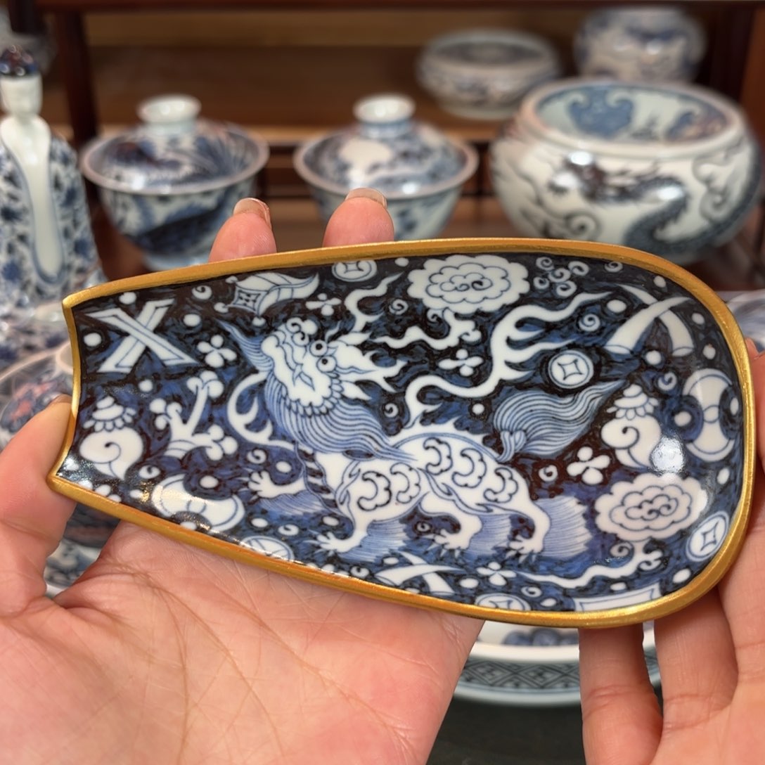 杯蓝底瑞兽茶则博陵造物