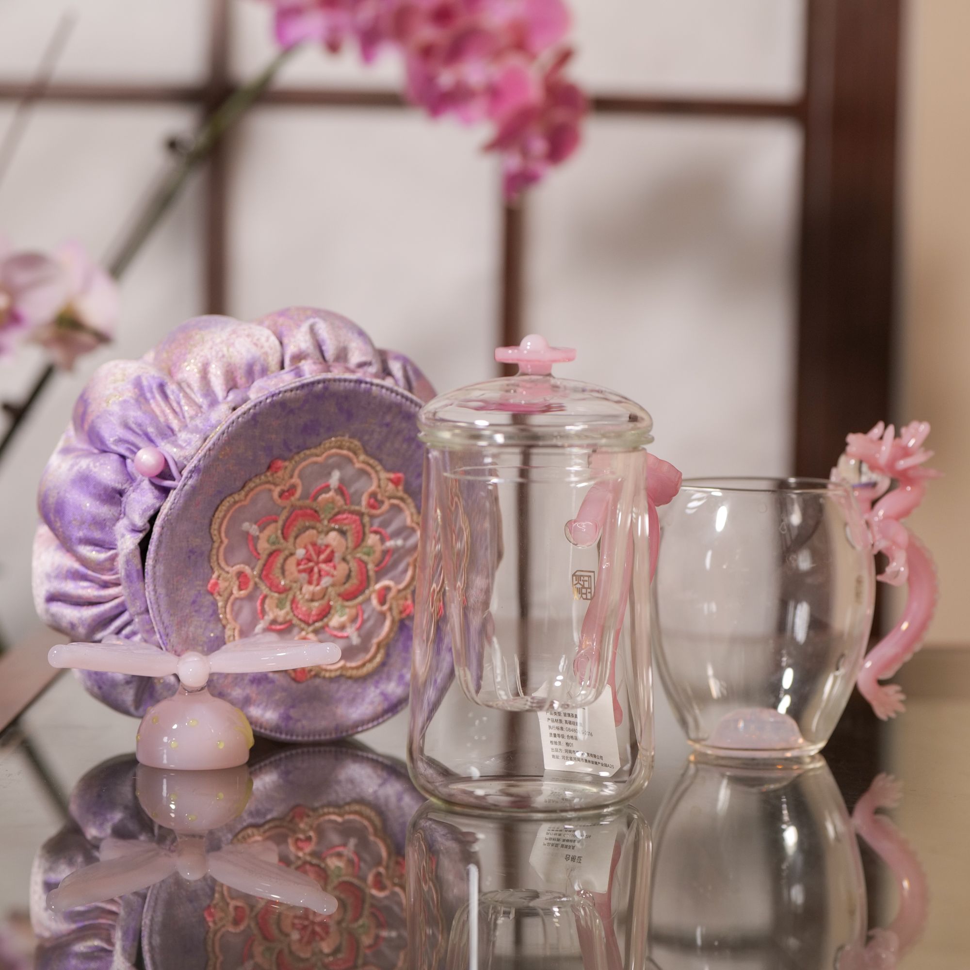 山怂x晶焱 粉龙公杯二代如意三件杯蝴蝶盖置套组（5件套）