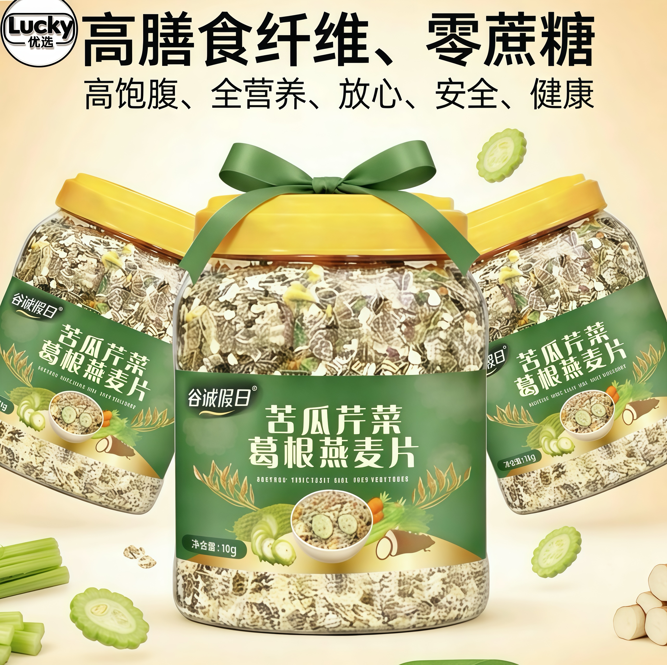 达人专属3桶【苦瓜葛根芹菜燕麦片】无添蔗糖低脂即食营养早餐代餐