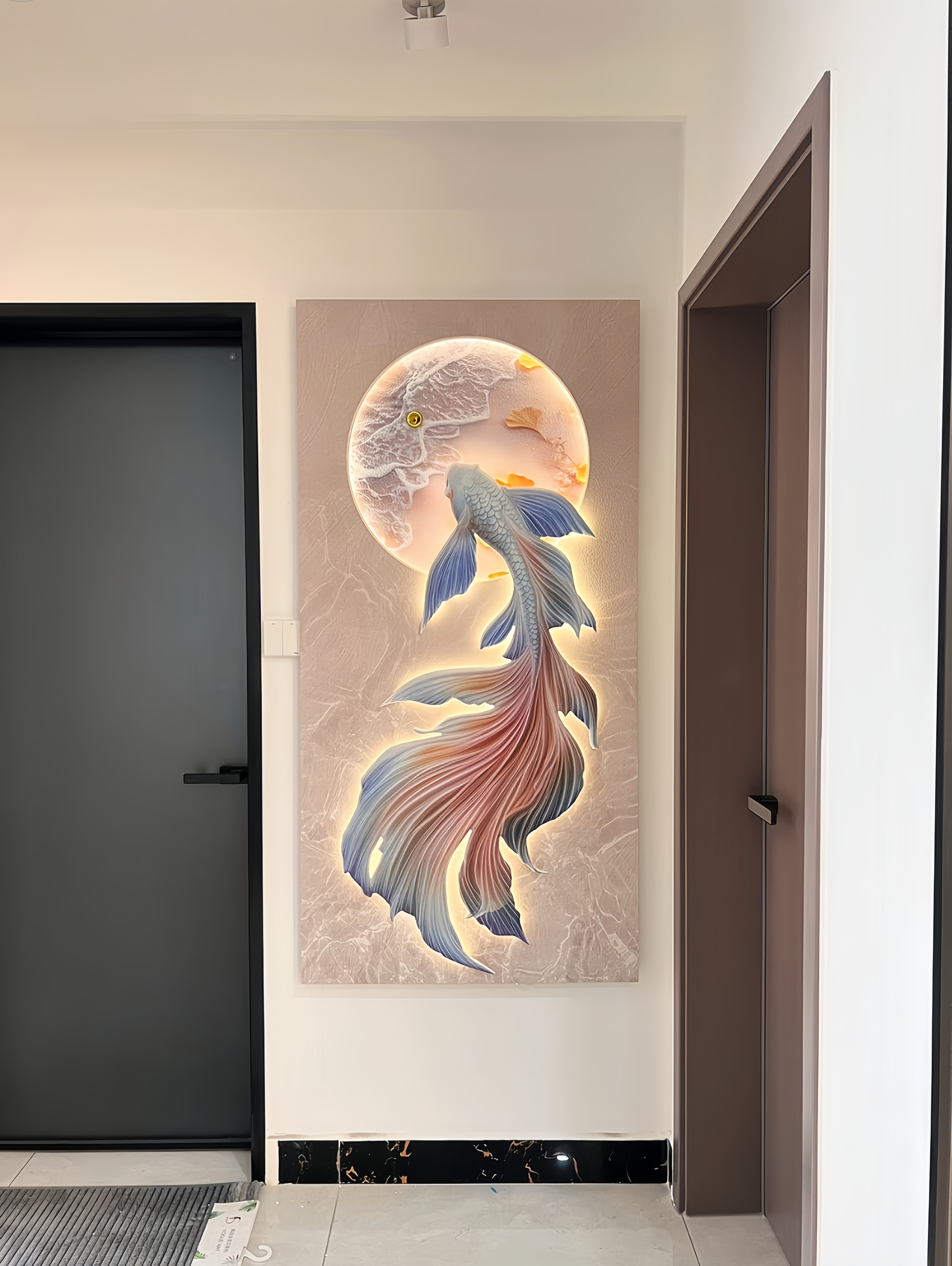 锦鲤迎门玄关装饰画大气砂岩画灯光入户门走廊挂画