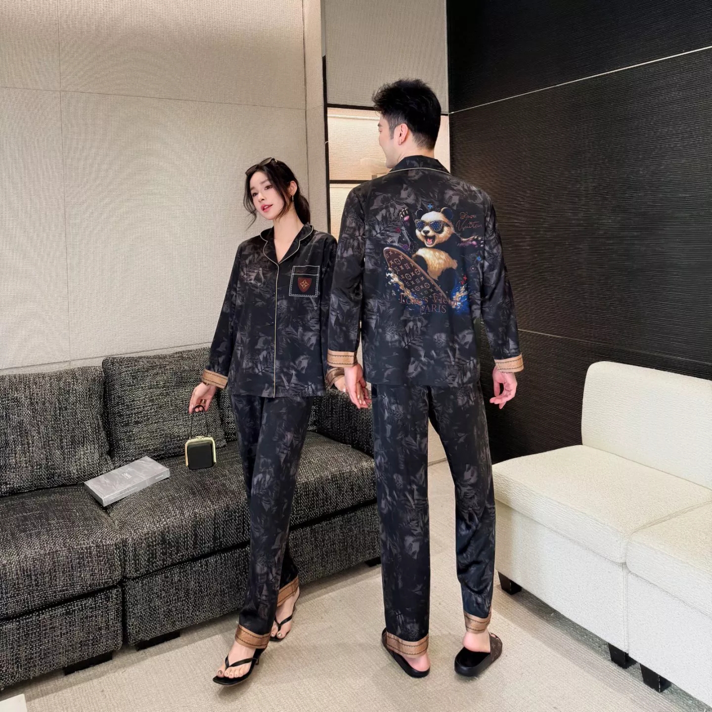 【滑板小熊】短袖情侣套装夏季小熊字母时尚长袖休闲男睡衣薄款