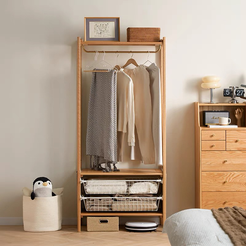 北欧风北美红橡木多功能衣帽架卧室玄关挂衣架储物收纳简约时尚
