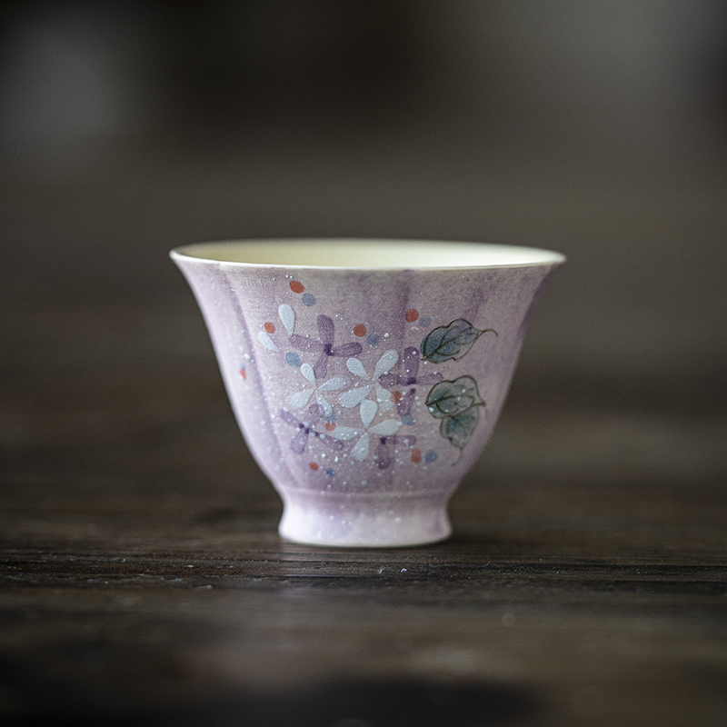 紫凝询月花口杯创意手绘陶瓷茶杯高颜值茶具女士品茗杯
