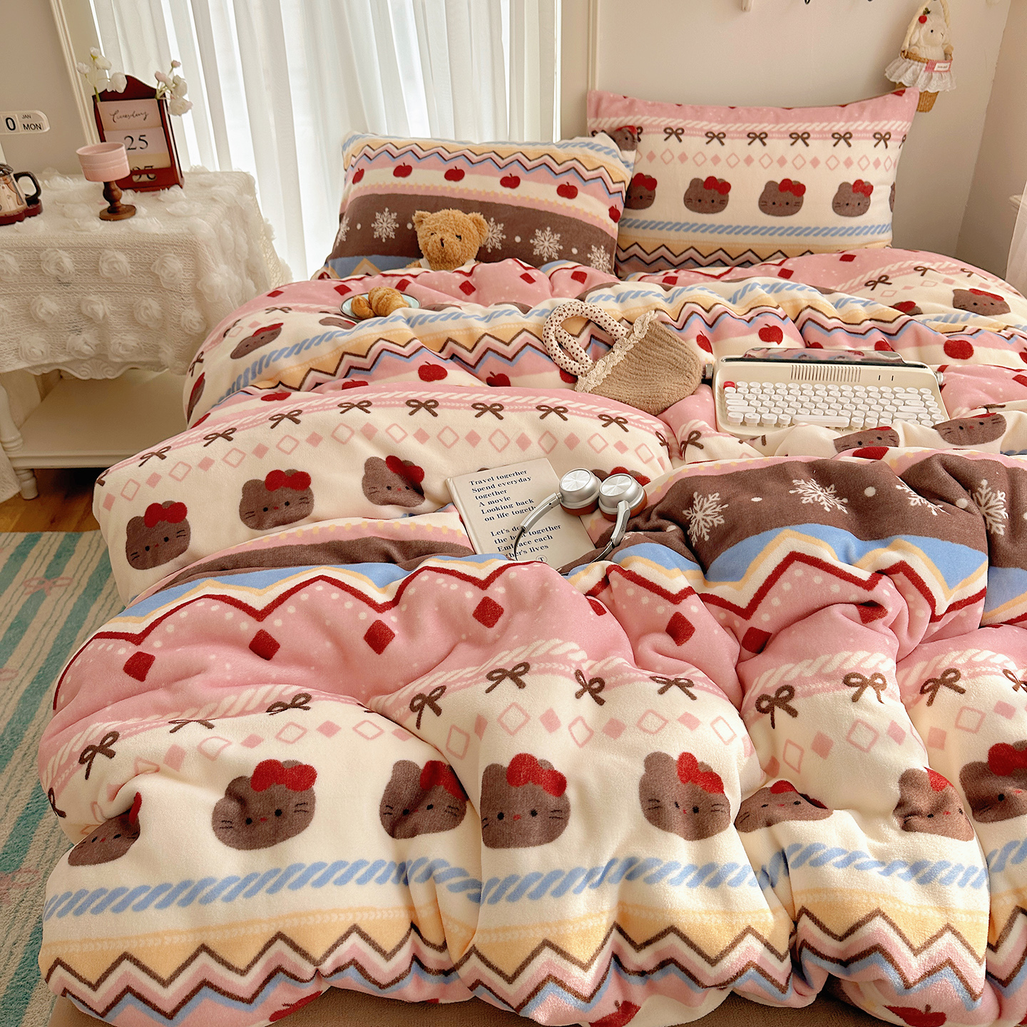 特! 小玲子 冬日小喵粉  秋冬加厚牛奶绒印染工艺三件套四件套