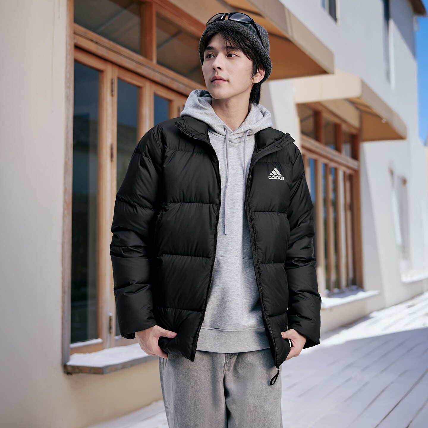 ADIDAS阿迪达斯外套男女立领保暖防风黑色面包服男装羽绒服KF8760