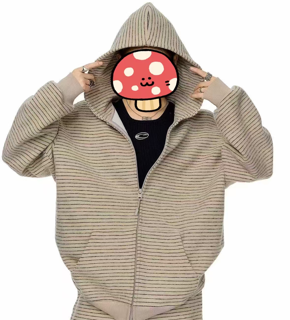 女款休闲百搭条纹连帽外套（默认瑕疵）