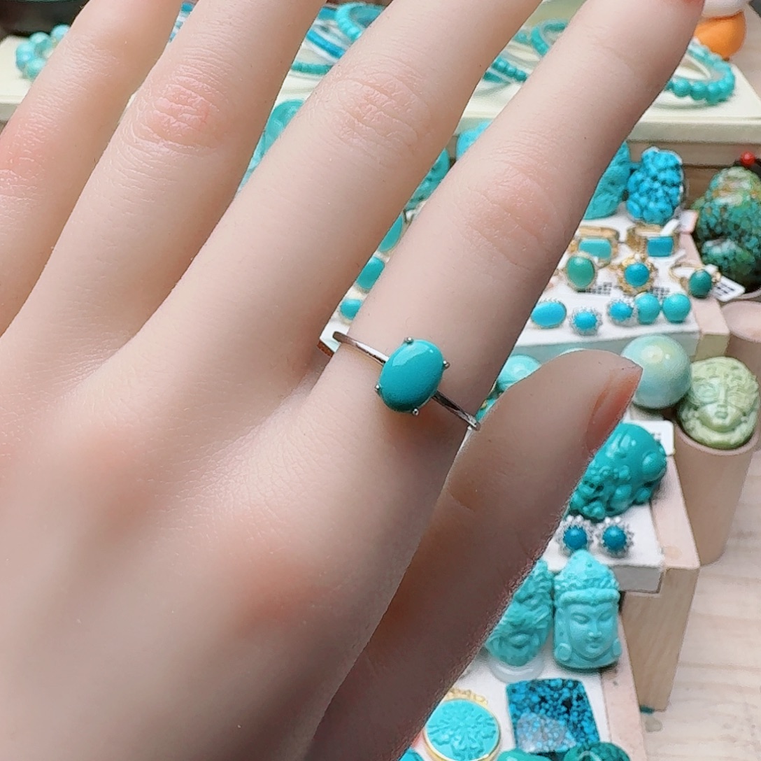 绿松石银S925镶嵌高瓷绿特色水波纹马鞍戒