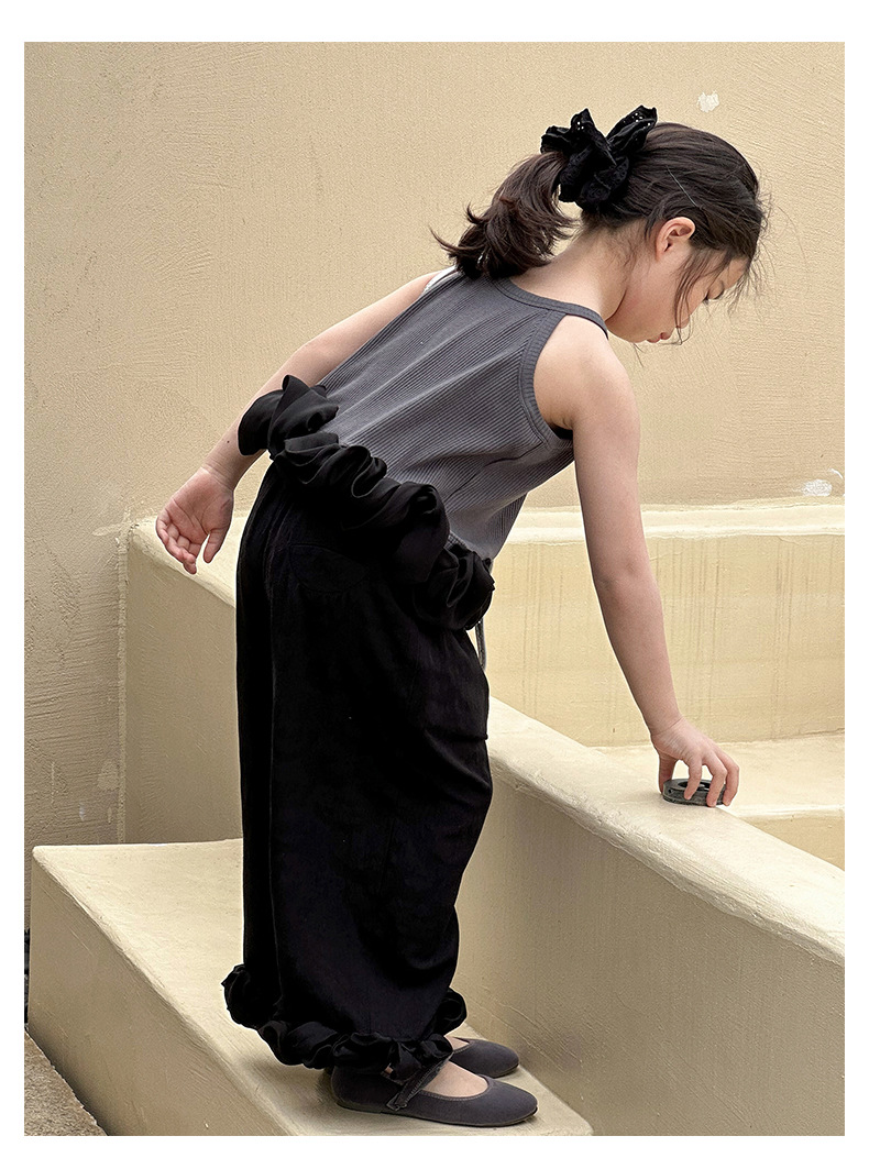 阿妞2025花苞高级灰背心休闲裤套装印花女童新款阔腿休闲裤洋气
