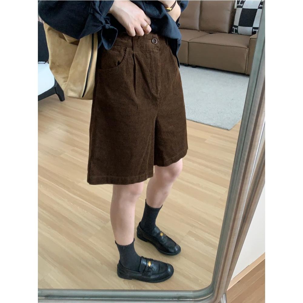 灯芯绒五分裤女秋季新款日系复古高腰宽松显瘦一粒扣休闲阔腿中裤