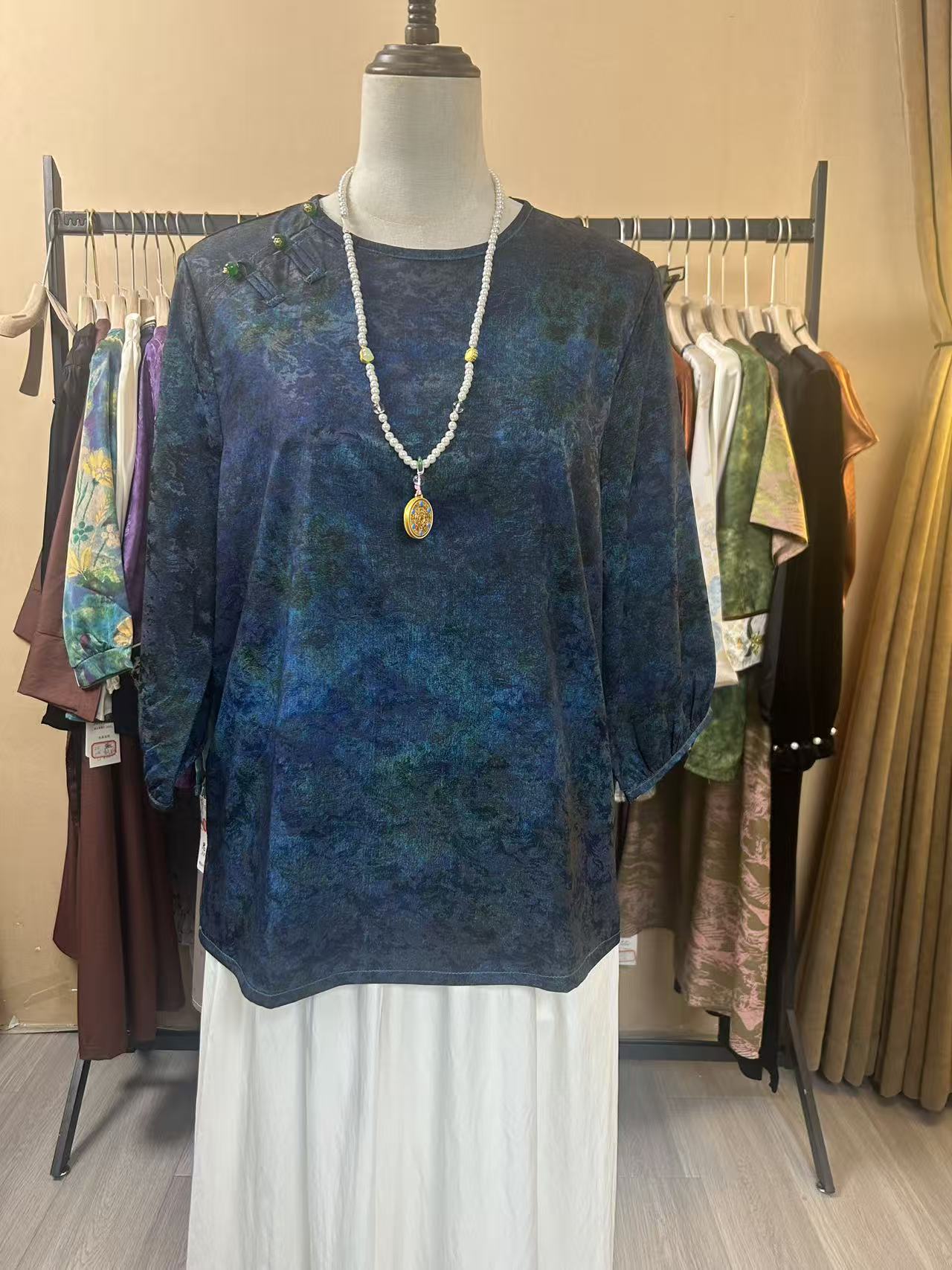 【孔雀蓝】秋季新款新中式纽扣圆领斜襟显瘦百搭七分袖小衫147#