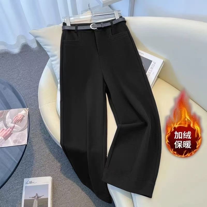 6032#【无皮带】加绒加厚时尚高腰百搭阔腿裤【B8-2】