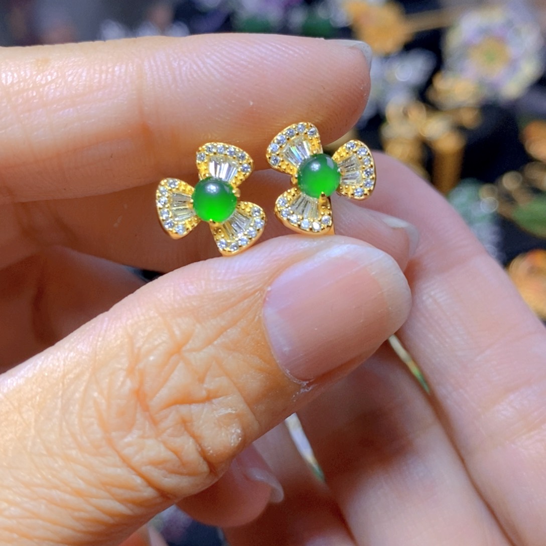 翡翠耳钉银S925镶嵌天然翡翠