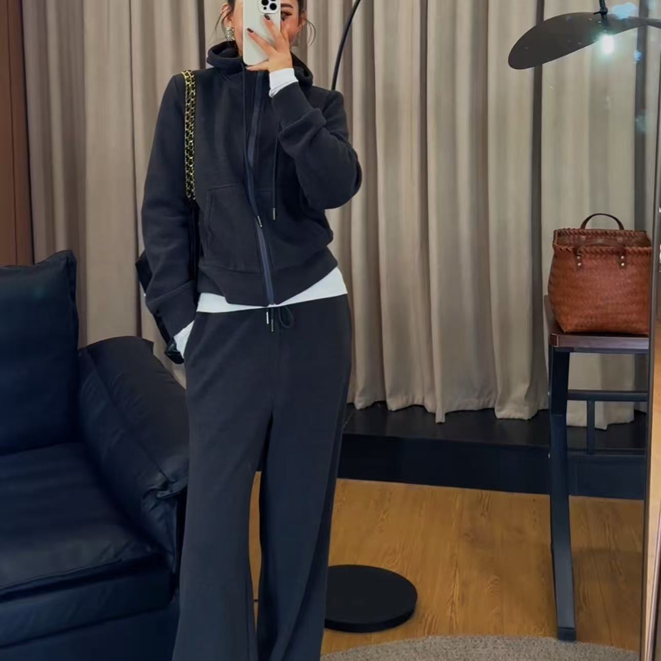 YZ-QINGSHE  加绒加厚时尚套装气质立领卫衣时尚显瘦宽松