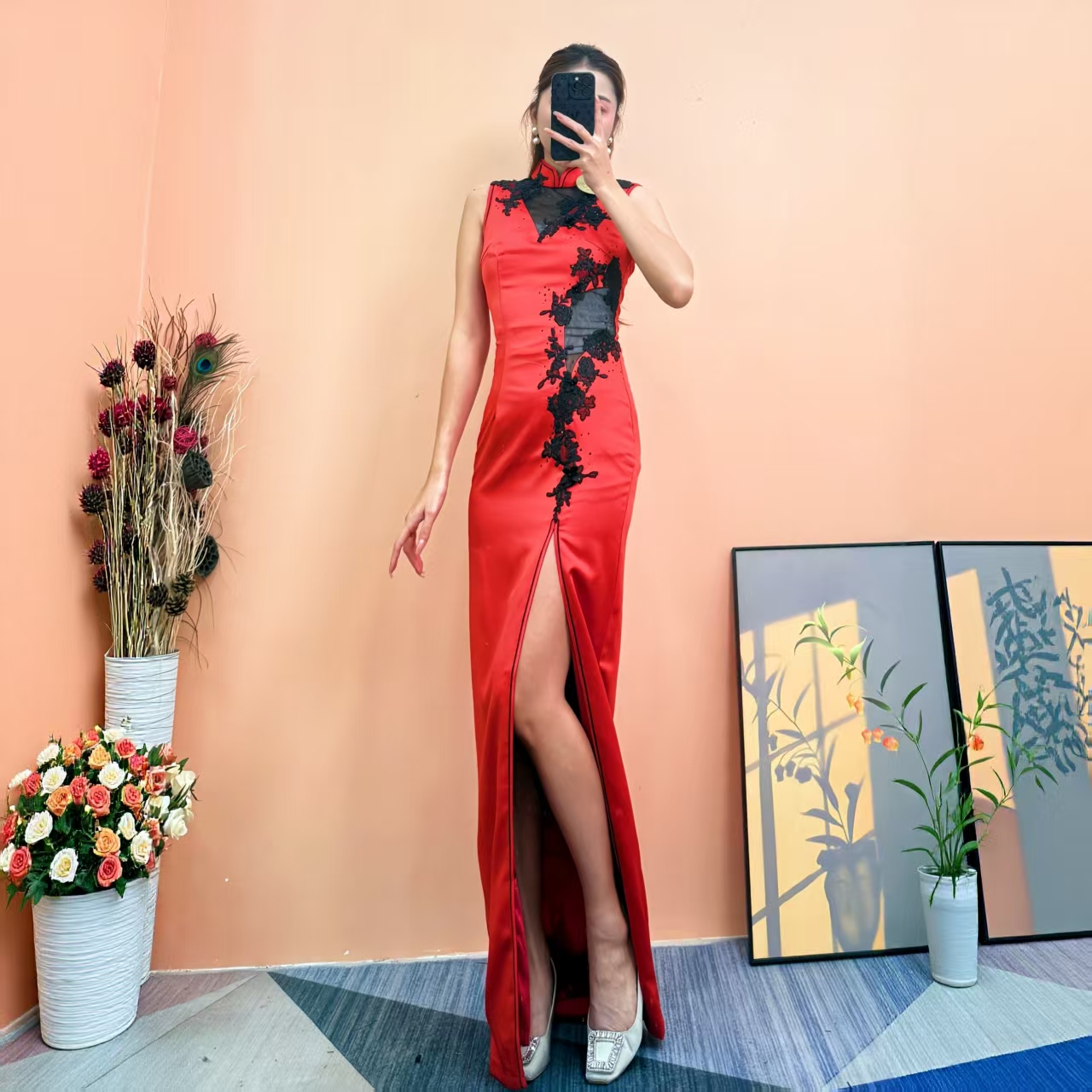 [依易原创]新中式立体花朵刺绣定钻网纱缎面拼接修身旗袍裙B0519