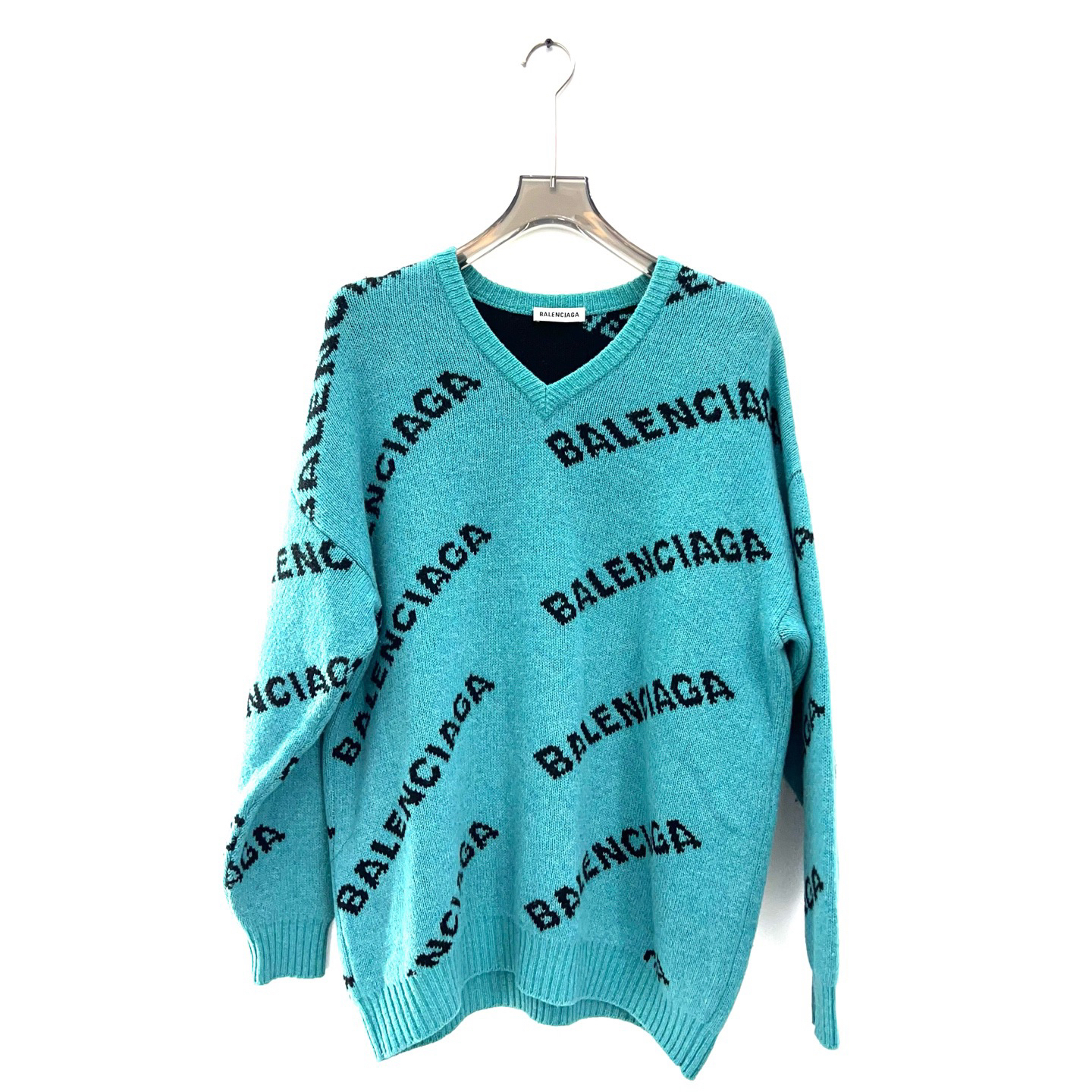未使用 Balenciaga/巴黎世家 湖水绿弹幕满印针织毛衣/34码（北京）