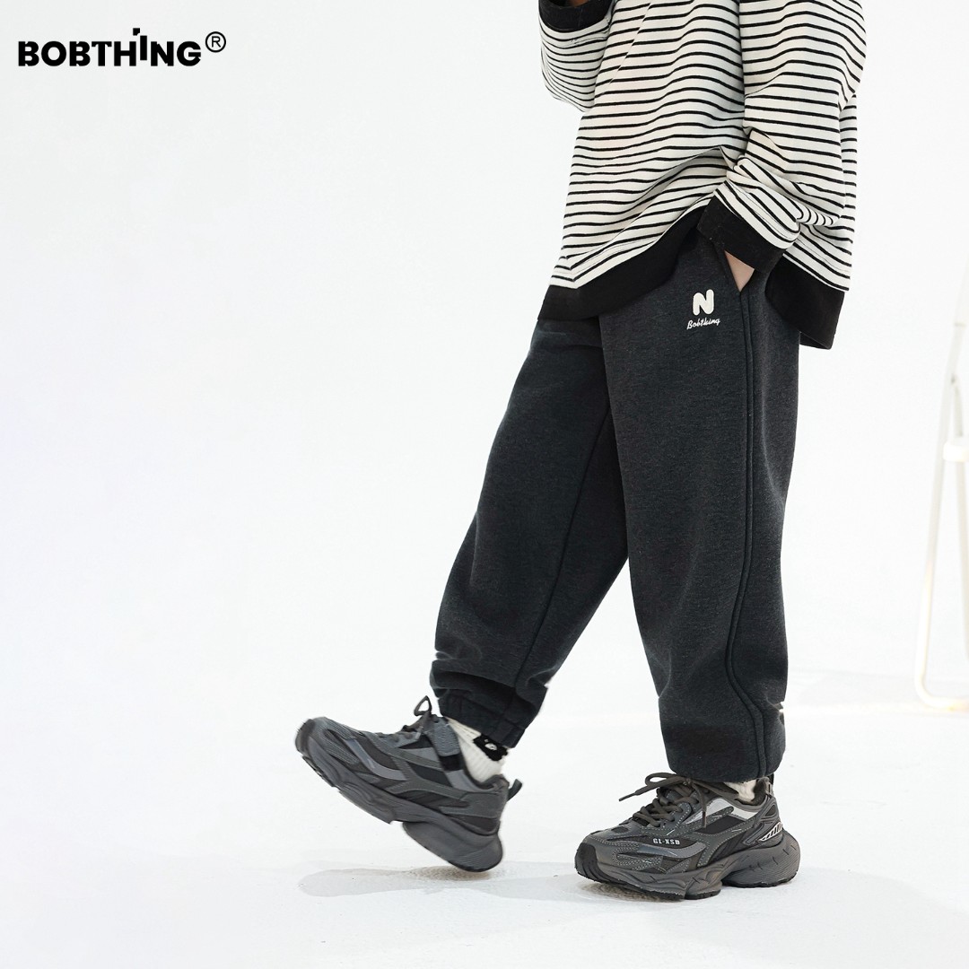 男童冬季N字母一体绒运动裤缩口卫裤儿童长裤加厚针织裤子潮童装